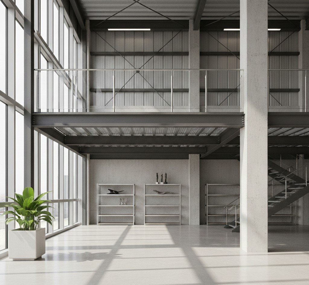 Completed mezzanine office space with modern interior design