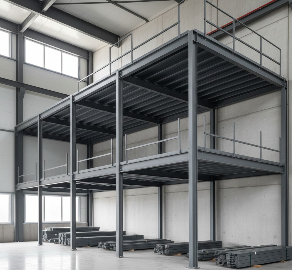 Industrial mezzanine construction phase showing structural steel framework